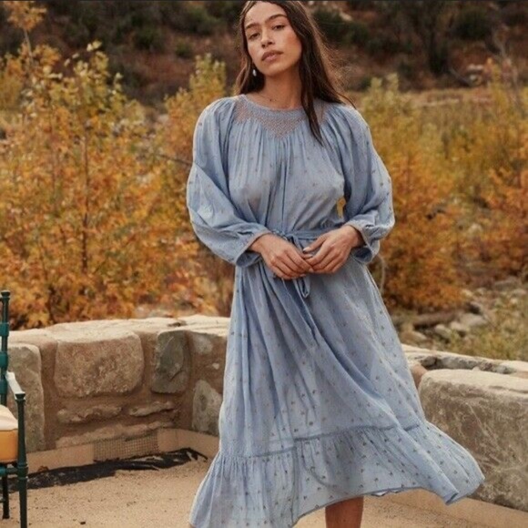 Doen Maya Cotton Midi Dress Blue Floral Embroidered xs extra small - Picture 2 of 6